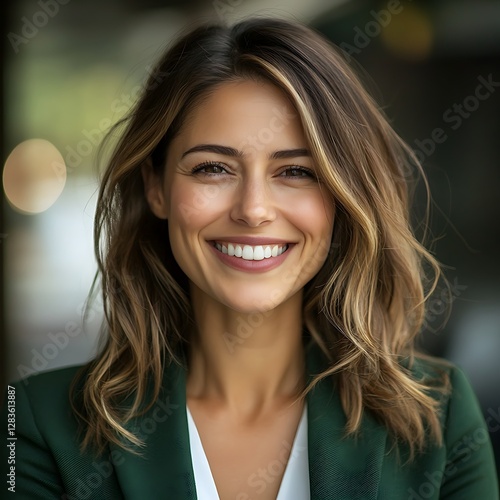 Close-up Portrait of Smiling Woman in Green Blazer