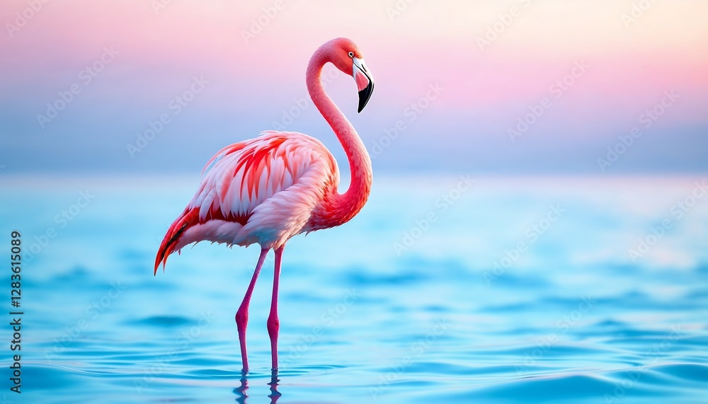 Fototapeta premium Flamingo Standing Calmly in Blue Water at Sunrise - Wildlife Scene