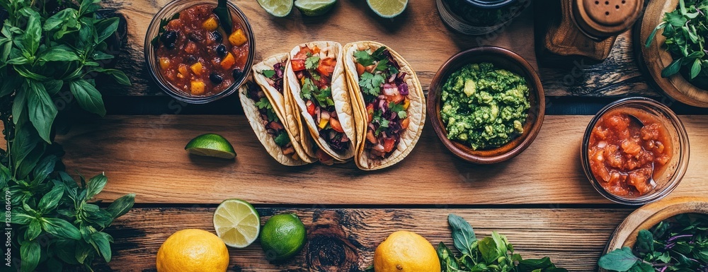 Fototapeta premium Delicious tacos with salsa & guacamole. Rustic wood table setting. Food photography