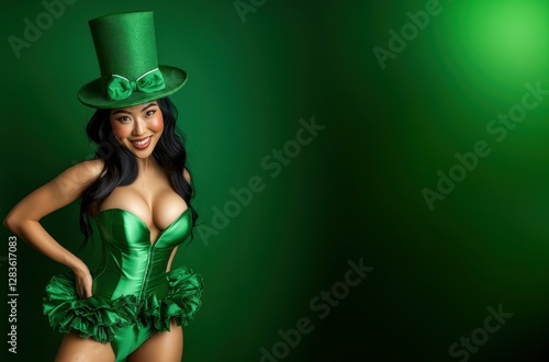 St. Patrick's Portrait of a Asian woman posing like a model in a green mini dress with a ruffled hem, with, a matching green tall hat, and a playful wink. solid dark green backdrop