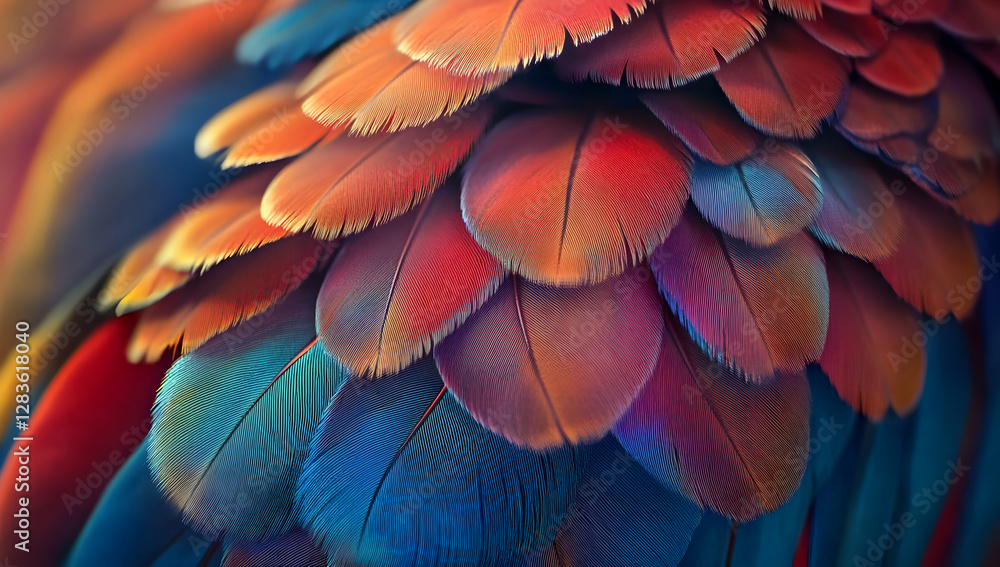 Close-up of colorful parrot feathers, featuring vibrant red, blue, and yellow colors in a photo-realistic Close-up of colorful parrot feathers, featuring vibrant red, blue, and yellow colors in a photo-realistic