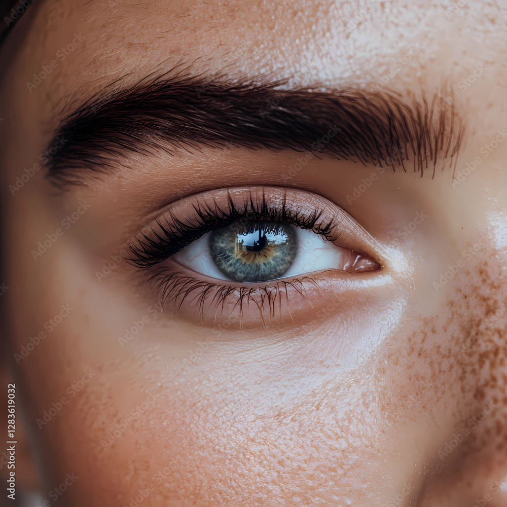 Close-up view of a striking blue-green eye showcasing detailed eyelashes and brows with a natural glow Close-up view of a striking blue-green eye showcasing detailed eyelashes and brows with a natural glow