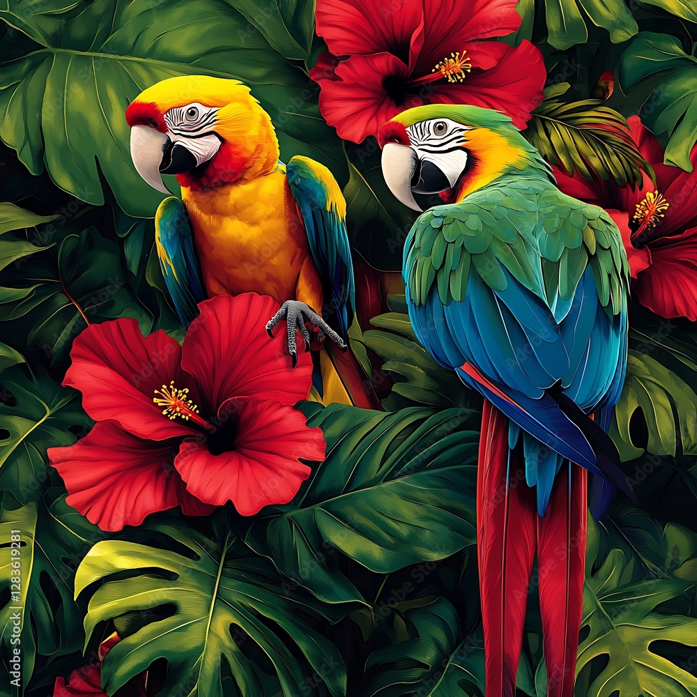 Fototapeta premium Vibrant Tropical Parrots Amidst Hibiscus and Lush Foliage