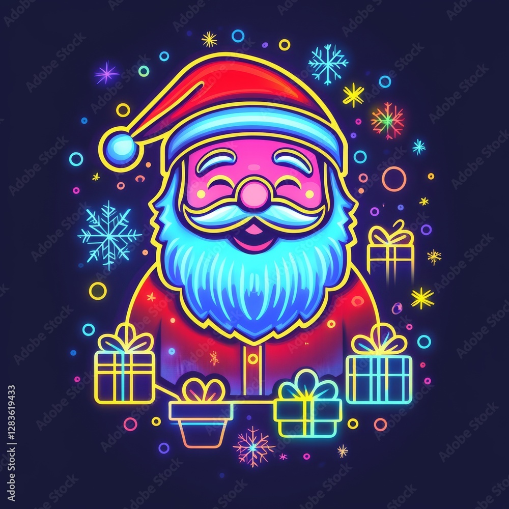 Fototapeta premium Santa's Festive Glow: Santa Claus, adorned in a vibrant, neon-style aesthetic, radiates festive cheer amidst a galaxy of shimmering snowflakes and neatly wrapped gifts.