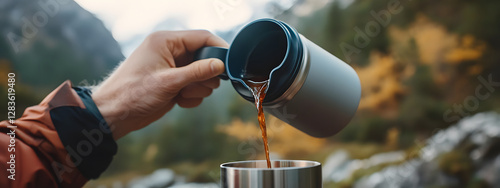 The photo shows someone pouring coffee from an ultrarealistic Stanley thermos into their cup outdoors
