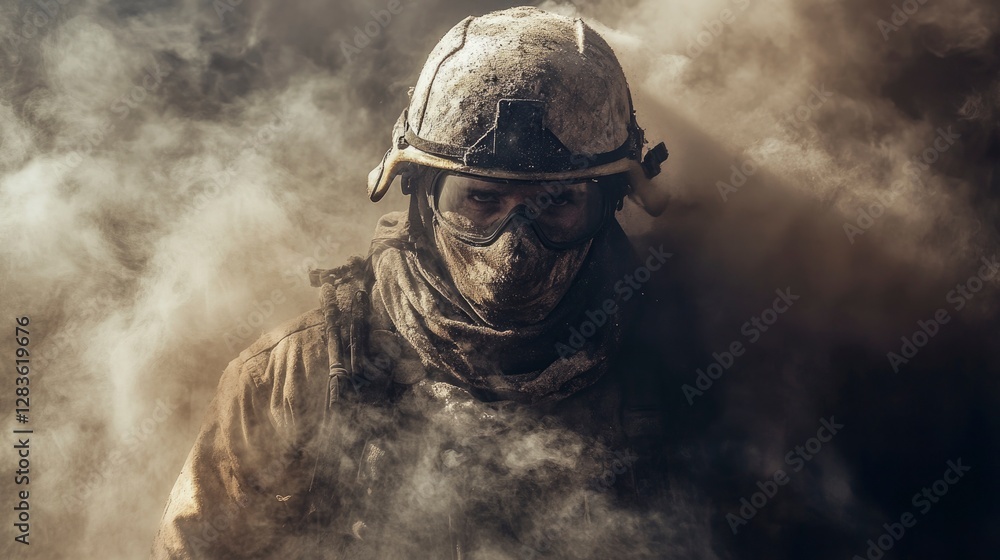 A firefighter in full gear, standing confidence A firefighter in full gear, standing confidence