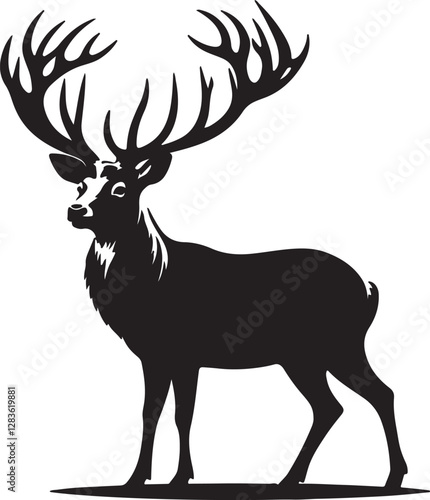 Deer Wild deer. Deer antlers shilhouette. Vintage wildlife logo. shilhouette of deer with big horn. A Deer shilhouette Illustration vector .