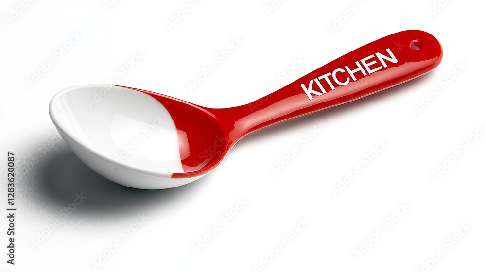 A plastic spoon with a red handle and the word A plastic spoon with a red handle and the word