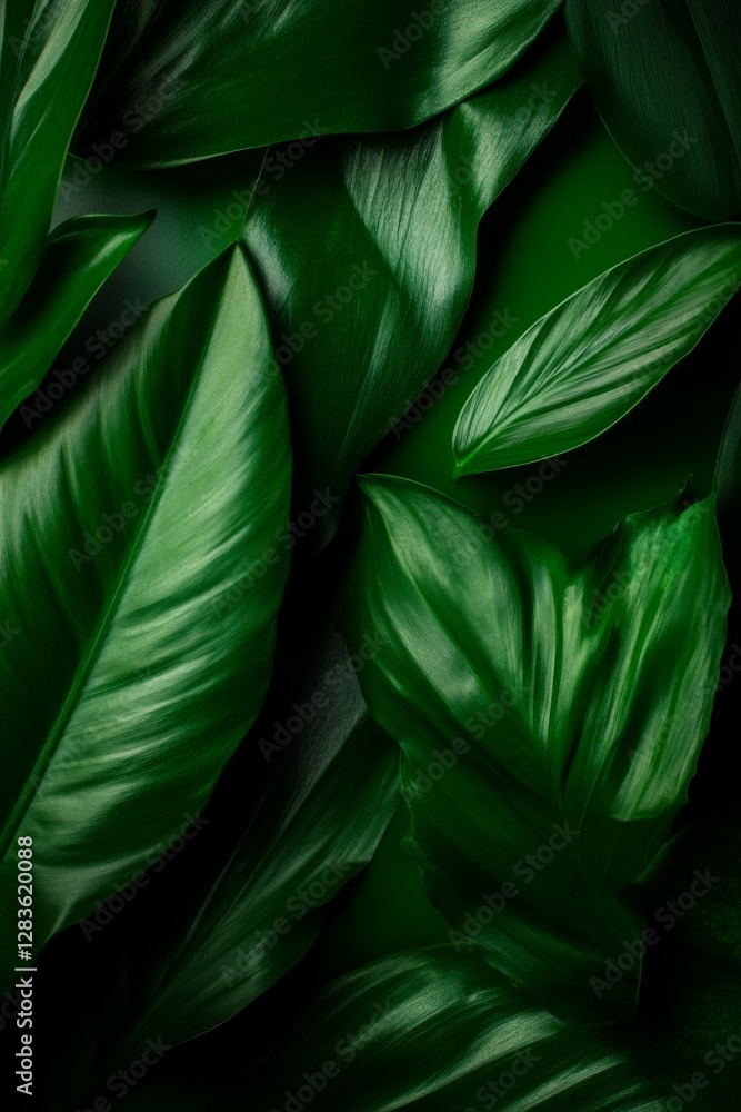 Fototapeta premium Dark green tropical leaves create a lush, vibrant texture.