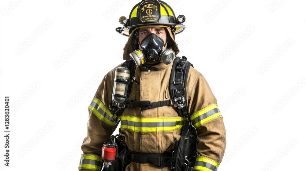 A firefighter in full gear, standing confidence A firefighter in full gear, standing confidence