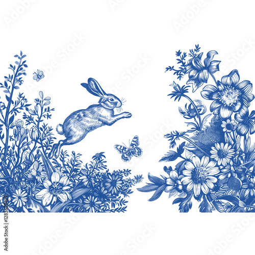 Rabbit jumping with flowers and butterfly drawing vintage blue vector