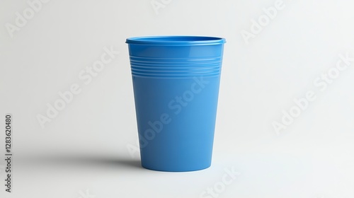 A simple blue plastic mug placed against a plain white background, highlighting its minimalistic design.