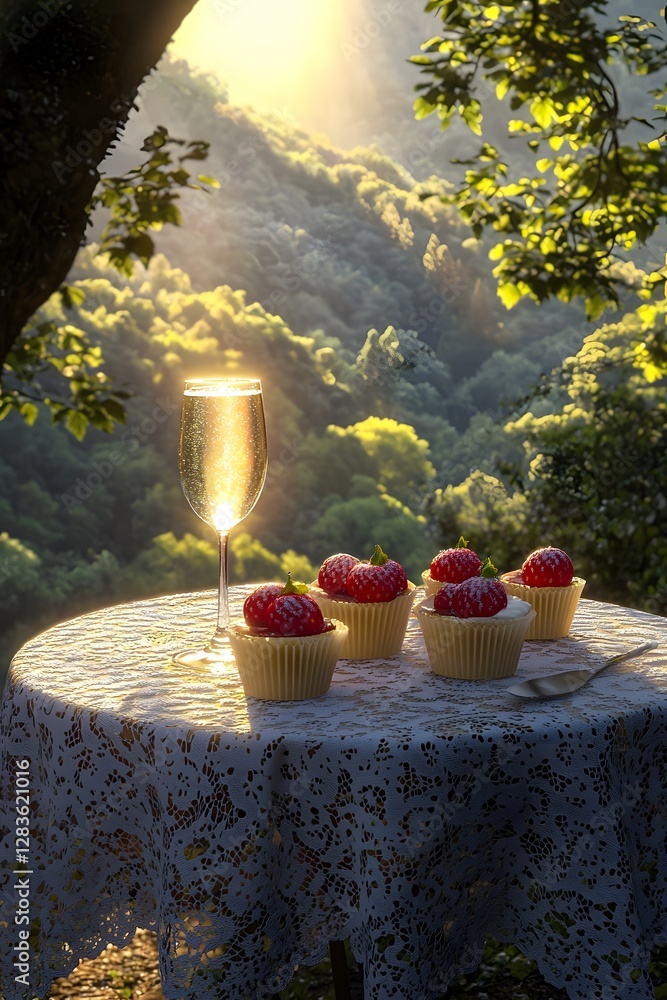 Fototapeta premium French desserts and champagne on lace tablecloths