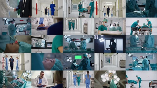 Multi screen collage of multiple hospital and healthcare scenes, including surgery, medical professionals, patient care, and hospital environments. Concept of modern medicine and clinical procedures