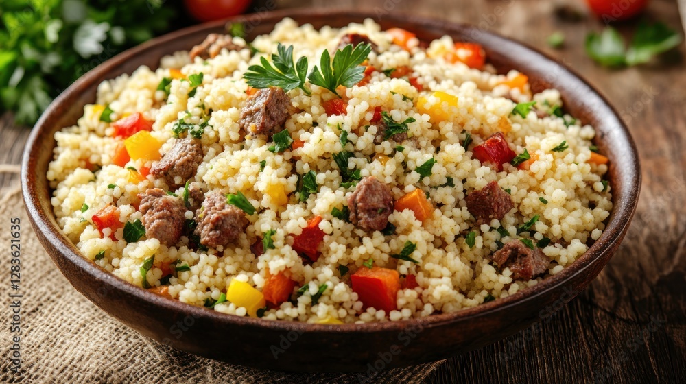 Rustic Moroccan couscous with tender meat and fresh veggies Rustic Moroccan couscous with tender meat and fresh veggies