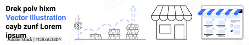 Stacks of coins increasing in height with growth arrows, classic storefront, and online shop interface. Ideal for business growth, monetization, online commerce, retail, finance, entrepreneurship