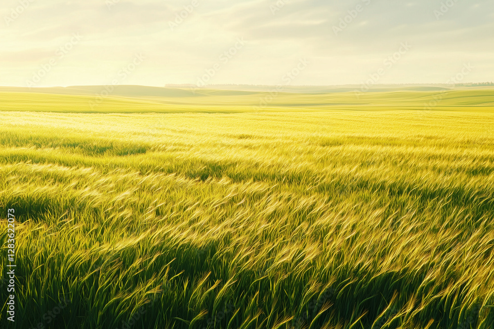 A lush green paddy field stretching to the horizon, swaying gently in the breeze with copy space. Soft golden sunlight. A lush green paddy field stretching to the horizon, swaying gently in the breeze with copy space. Soft golden sunlight.
