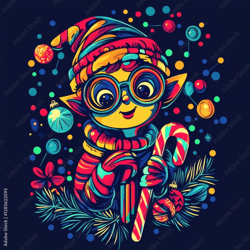 Joyful Elf with Candy Cane: A whimsical elf adorned with a festive hat, scarf, and eyeglasses holds a candy cane, surrounded by vibrant ornaments and a sprig of pine. Joyful Elf with Candy Cane: A whimsical elf adorned with a festive hat, scarf, and eyeglasses holds a candy cane, surrounded by vibrant ornaments and a sprig of pine.