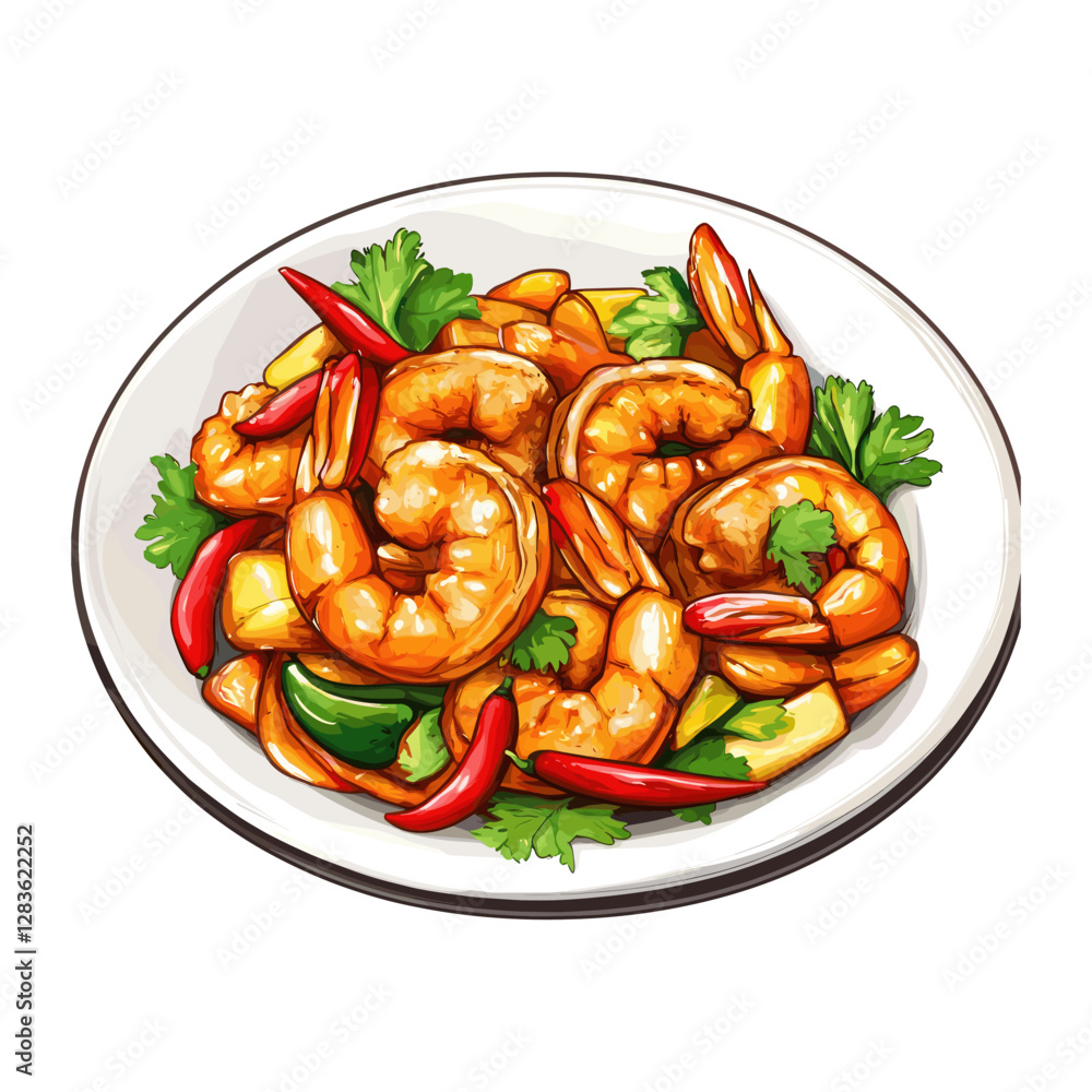 Vegetables red chili peppers background white Stir-fried shrimp vector Vegetables red chili peppers background white Stir-fried shrimp vector