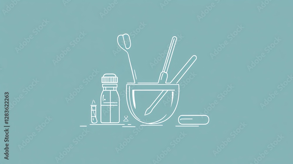 A thin-line icon symbolizing mouthwash, featuring dentist tools in a minimalist stroke design, optimized for web graphics A thin-line icon symbolizing mouthwash, featuring dentist tools in a minimalist stroke design, optimized for web graphics