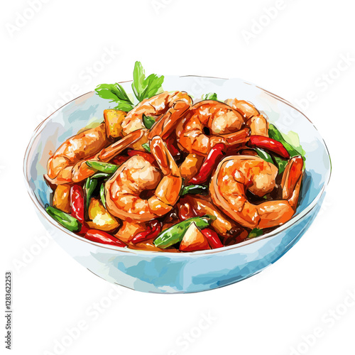 Vegetables red chili peppers background white Stir-fried shrimp vector