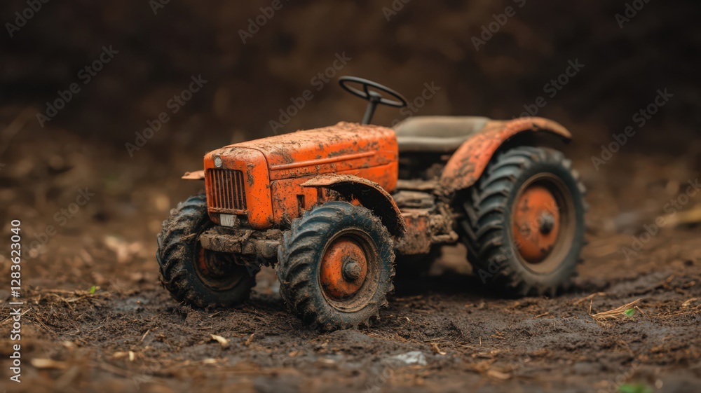 Muddy Orange Toy Tractor on Dark Brown Soil Muddy Orange Toy Tractor on Dark Brown Soil