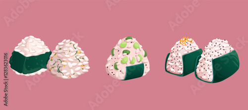Onigiri with different flavors and fillings wrapped in nori. Traditional Japanese food. Vector Illustration
