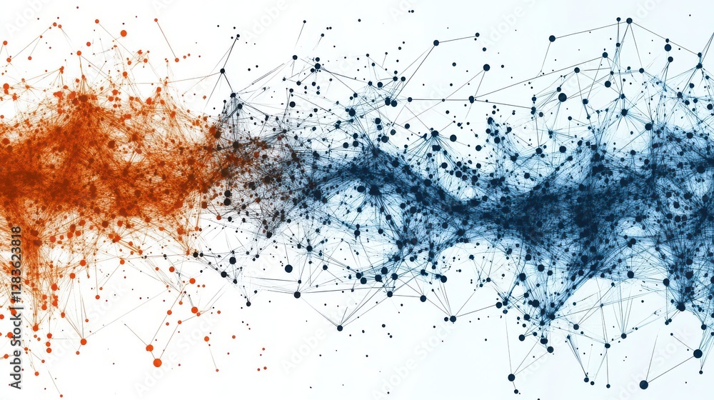 Fototapeta premium Abstract Network: Interconnected Nodes in Blue and Orange Hues, Forming a Complex Web of Lines and Dots, Digitally Rendered Illustration