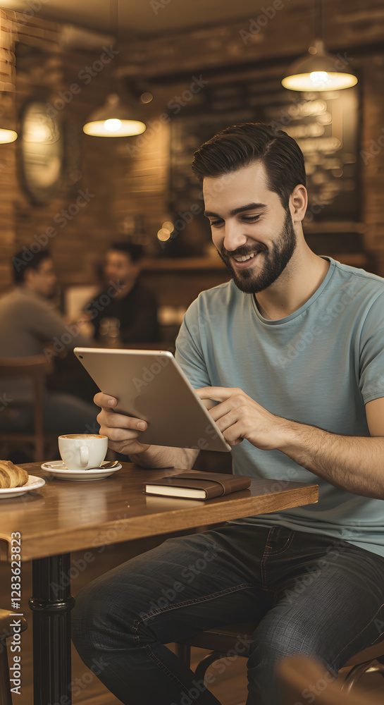 A man in a casual setting using a tablet at a cafe, with coffee on the table. A man in a casual setting using a tablet at a cafe, with coffee on the table.