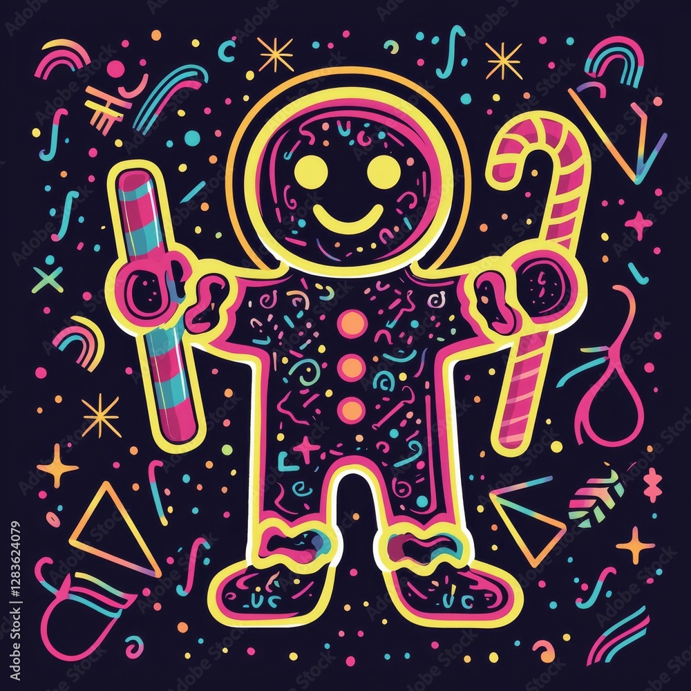 Fototapeta premium Groovy Gingerbread: A playful and modern illustration of a gingerbread man with a candy cane in a vibrant neon color palette against a dark background.