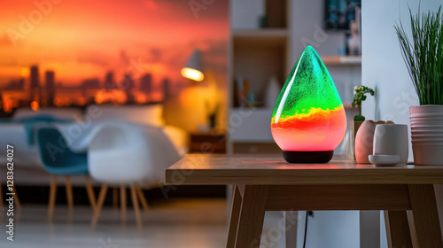 This image showcases a vibrant, colorful lamp in a modern living room, illuminating its surroundings with a warm glow while adding an artistic touch to the space's ambiance.