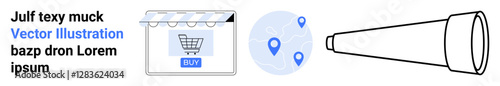 Digital storefront with Buy button, map with geolocation pins, and telescope concept. Ideal for e-commerce, navigation, exploration, marketing, online shopping, analytics flat landing page banner
