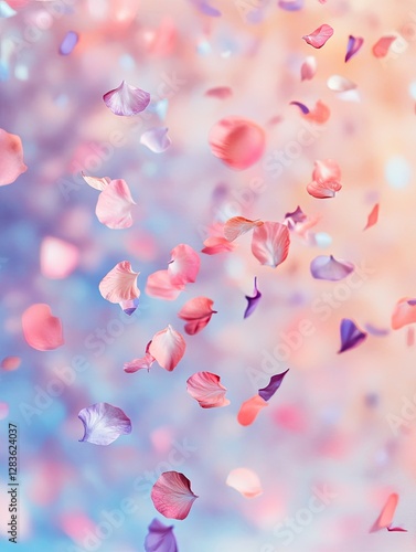 Blooming Symphony: A romantic visual symphony of delicate flower petals in pastel hues cascades gently, embodying the essence of love, joy, and ethereal beauty.