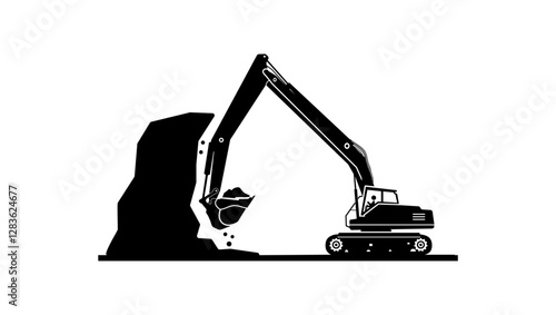 excavator destroying rock, black isolated silhouette