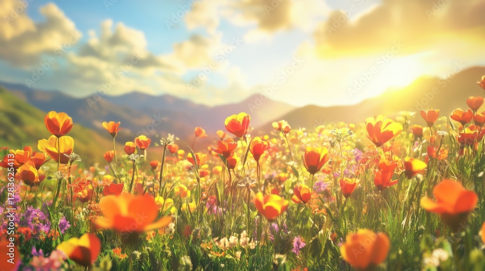 Obraz premium wildflower meadow A vibrant field of flowers illuminated by the golden glow of sunset, with mountains in the background.