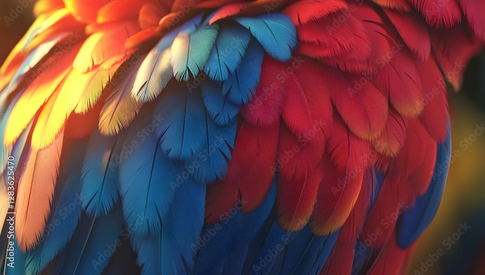 Obraz premium Close-up of colorful parrot feathers, featuring vibrant red, blue, and yellow colors in a photo-realistic