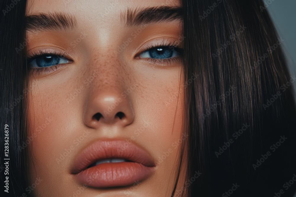 Obraz premium Natural beauty portrait of a young woman with captivating blue eyes and soft features in a neutral tone background