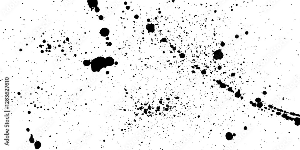 Fototapeta premium Dusty white backdrop with noisy halftone dots, black spray paint splashes, ink stains, realistic grunge overlays on paper sheet