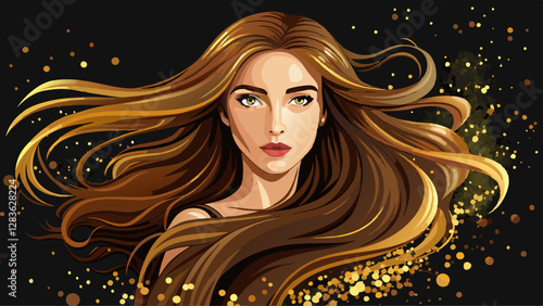 Beautiful woman with long, flowing brown hair, with golden glitter floating around her. Black background.