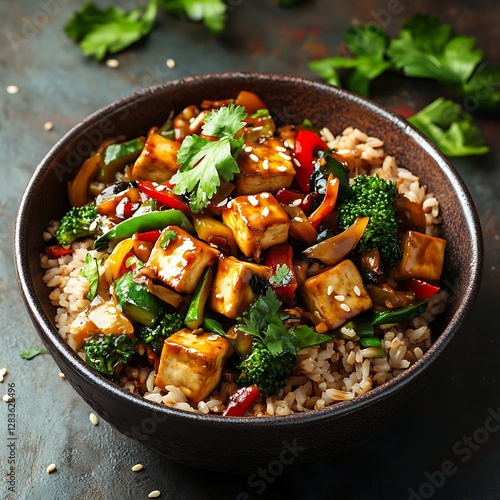 Delicious Savory Tofu Vegetable Stir-fry Brown Rice Dish