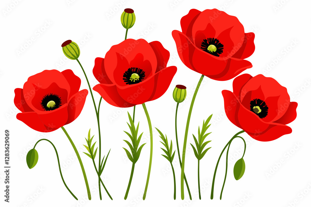 Fototapeta premium Red Poppy Vector Illustration on White Background - 8K High-Resolution Floral Art