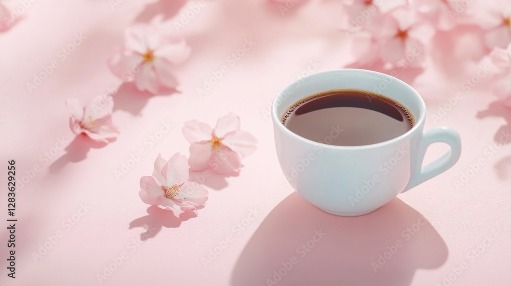 custom made wallpaper toronto digitalA cup of coffee sits on a pink surface, surrounded by delicate pink blossoms.