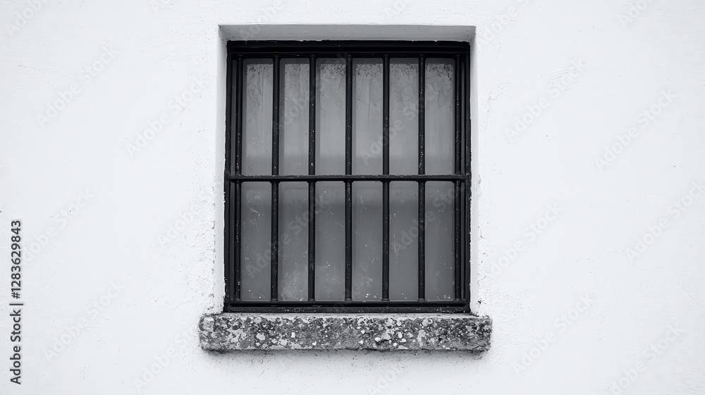 Fototapeta premium Minimalist Window with Metal Grille on White Wall