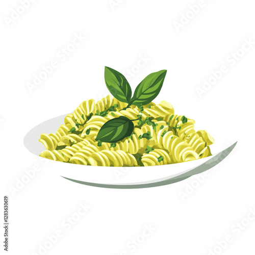 Pesto pasta in a plate illustration white food vector