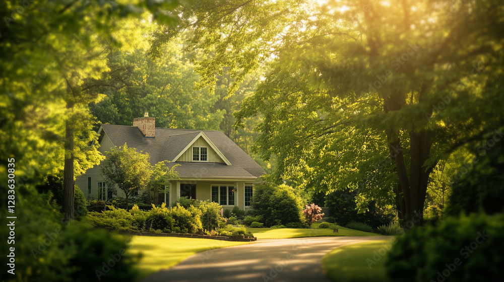 Tranquil suburban home embraced by greenery, bathed in soft natural light, radiating warmth and harmony. Tranquil suburban home embraced by greenery, bathed in soft natural light, radiating warmth and harmony.