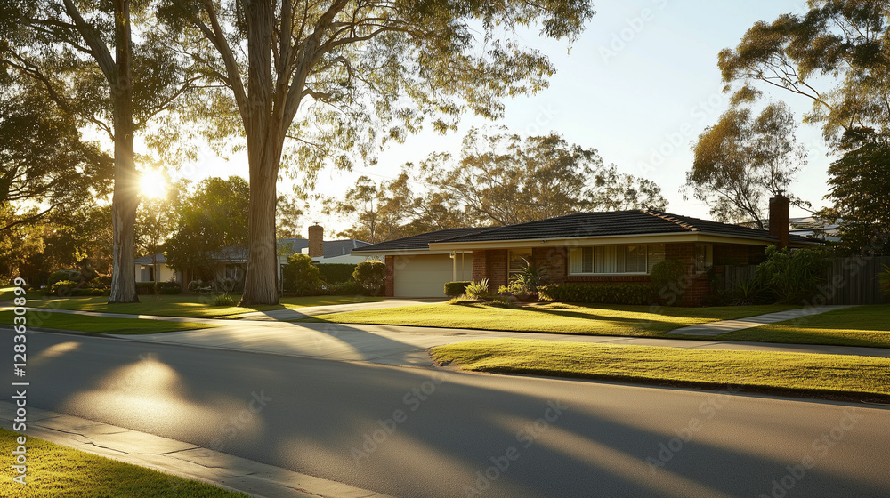 Tranquil suburban home embraced by greenery, bathed in soft natural light, radiating warmth and harmony. Tranquil suburban home embraced by greenery, bathed in soft natural light, radiating warmth and harmony.