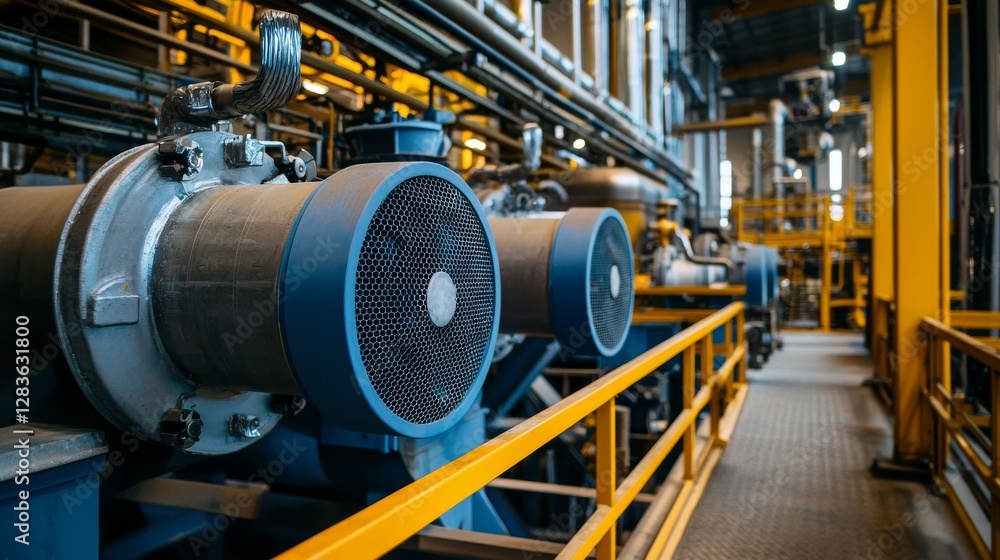Industrial pumps and interconnected pipes in a high-tech manufacturing plant, showcasing engineering and mechanical precision Industrial pumps and interconnected pipes in a high-tech manufacturing plant, showcasing engineering and mechanical precision