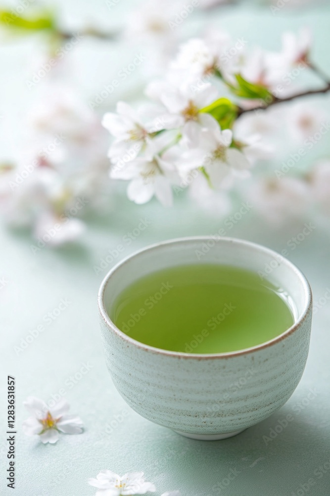 Serene cup of green tea, blooming cherry blossoms. Serene cup of green tea, blooming cherry blossoms.