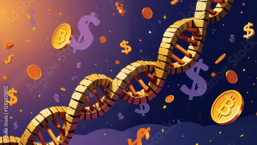 DNA and Financial Elements: Illustration of the connection between genetics and finances in a digital space.