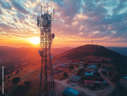 Aerial View of Rural Telecommunications Tower at Sunset  Satellite Dish & Antennas Against Rolling Hills  Warm Sky Colors Contrast with Cool Landscape & Serene Village in Distance